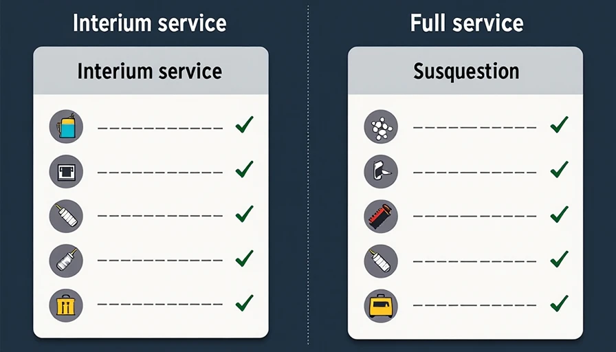 Interim vs Full Service — What's Included in Each Interim service vs full service comparison checklist with icons showing oil change, filters, brake inspection, and suspension checks included in each level of car servicing
