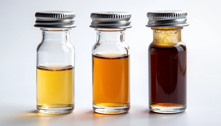 Brake Fluid Condition by Colour — New vs Old vs Needs Replacing Brake fluid colour comparison from new clear amber to old dark brown, showing visual signs that brake fluid has absorbed moisture and needs replacing