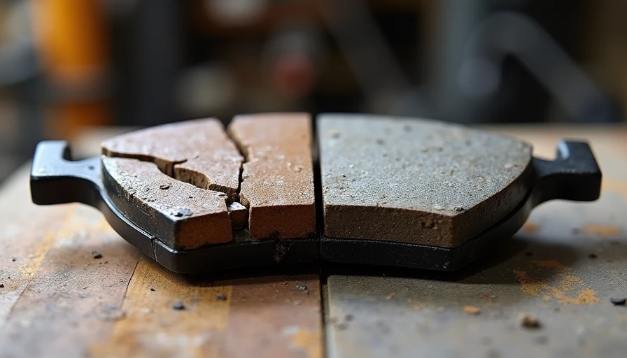 Budget vs Quality Brake Pad — Visual Wear Comparison Split comparison of a worn cracked budget brake pad beside a quality brake pad with even wear, showing the visual difference between cheap and quality car parts after use