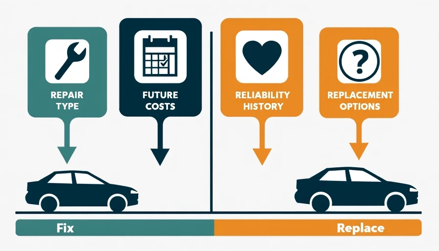 Fix It or Replace It — A Practical Decision Framework Car repair vs replace decision flowchart with icons for repair type, future costs, reliability history, and replacement options leading to fix or walk away outcomes