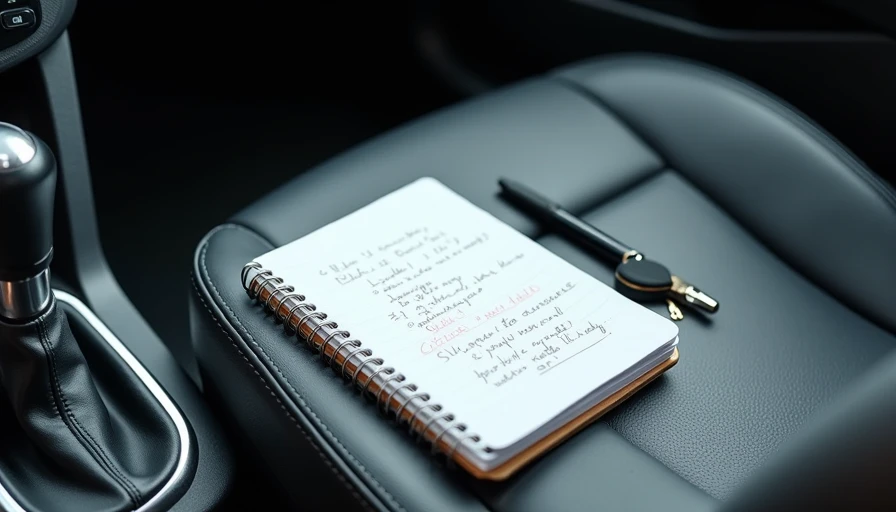 A notepad with handwritten car symptom notes and a car key on a passenger seat, showing preparation before visiting a garage to describe a problem clearly