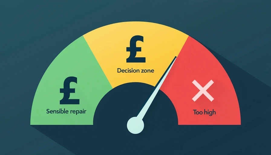 Repair Cost Threshold — When to Fix vs When to Stop Visual gauge showing green sensible repair zone, amber decision zone, and red excessive cost zone with a needle in the decision area, helping drivers assess when a repair bill is too high