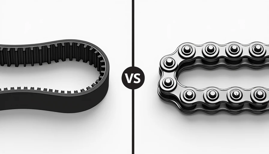 Timing Belt vs Timing Chain — Visual Comparison Timing belt and timing chain side-by-side comparison showing rubber belt with internal cords versus metal chain with links and rollers, helping drivers understand the difference