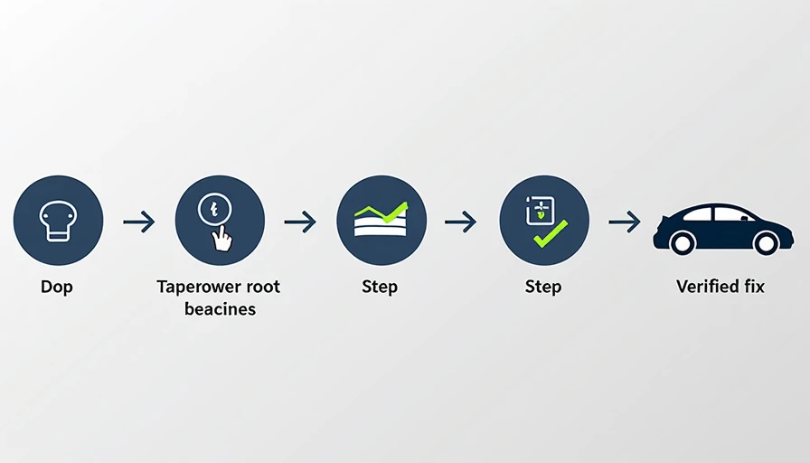 How Proper Car Diagnosis Works — Visual Process Five-step diagnostic process flow diagram using only icons showing information gathering, live data, testing, root cause confirmation, and verified fix without text