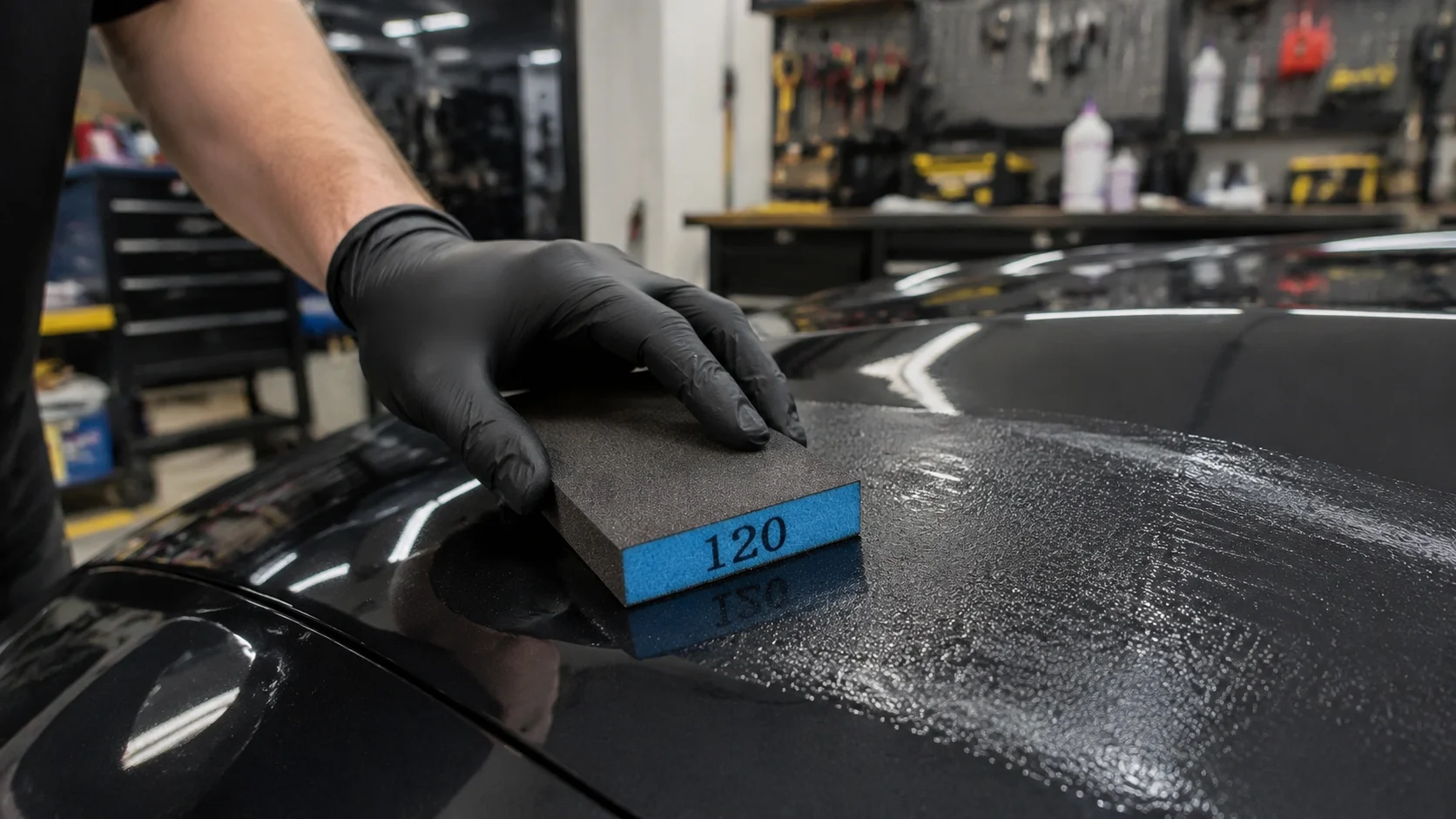 A person in a UK garage workshop holding a 120 grit sanding sponge and sanding a car door panel in straight strokes along the panel line, with the YNZDRWA sanding sponge set visible nearby on the workbench.