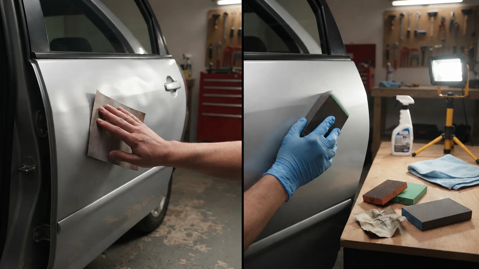 Sanding block vs flat sandpaper even pressure distribution on car body panel in UK garage workshop DIY paint repair