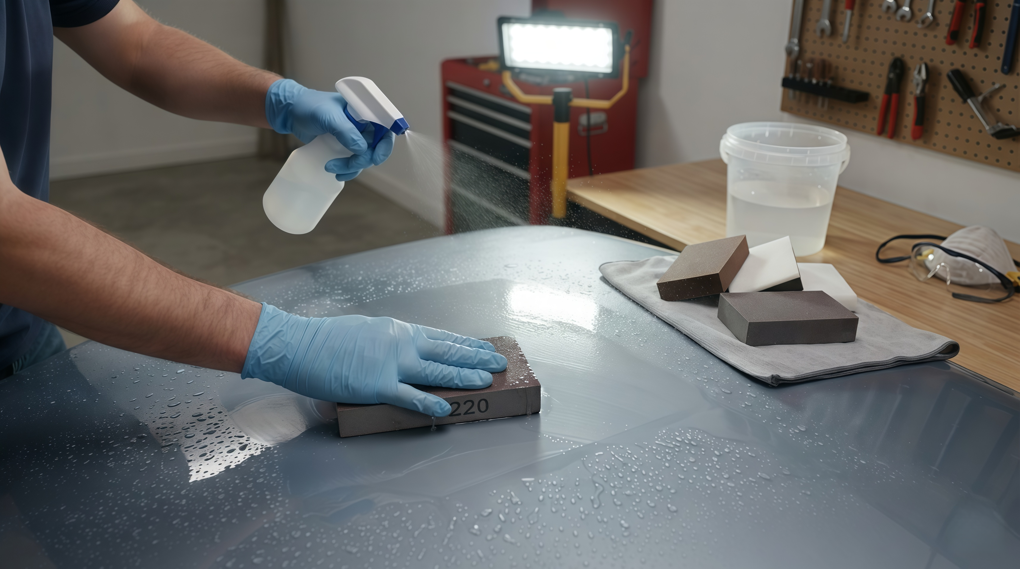 Wet sanding car paint with 220 grit sponge and water spray on bonnet in UK garage
