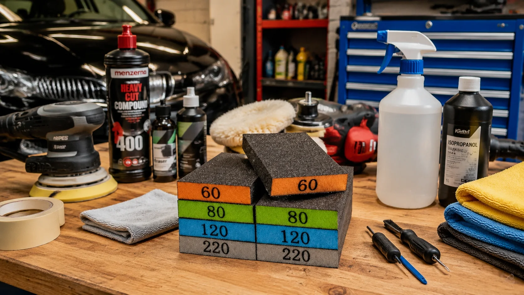 YNZDRWA 8-piece sanding sponge set on garage workbench surrounded by car care cleaning products and tools in UK workshop