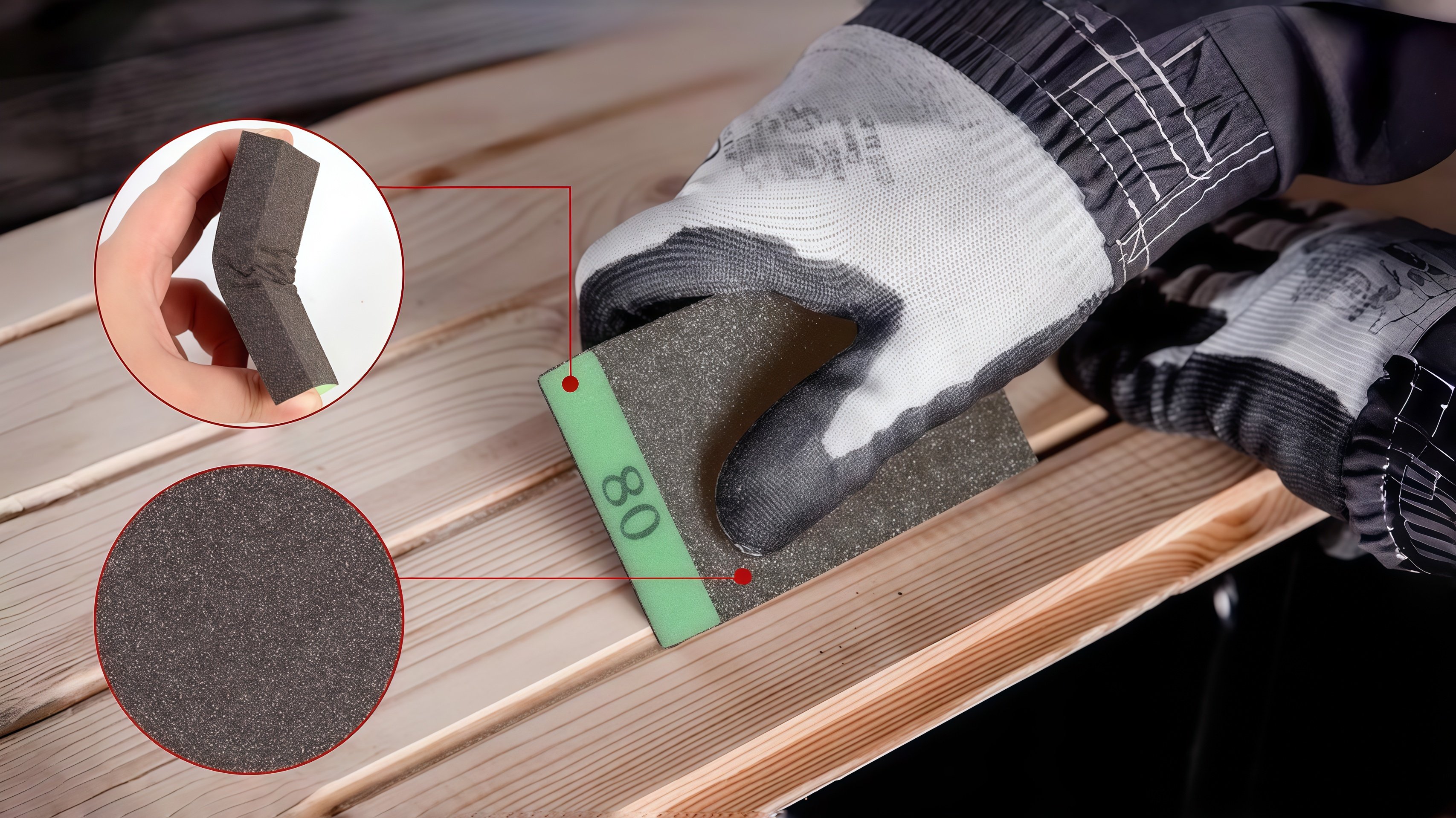 A green 80 grit sanding sponge pressed firmly against a rough wooden plank surface, demonstrating the durable and sturdy construction of the reusable sanding block for wood sanding and surface preparation in a home workshop.